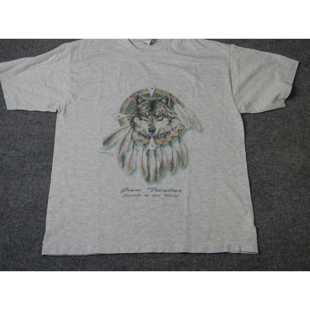 CAL CRU Vintage 90s Wolf T Shirt Large Gray Spirit of Wolf Feather Graphic Art